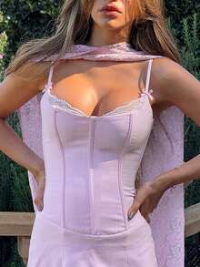 Aloruh 女士纯粉色蕾丝边领蝴蝶结A字迷你连衣裙，情人节 - 粉色 - 查看 3