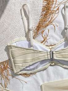 SHEIN 2026 Spring/Summer New Fashion Beige Textured Fabric Metal Decor Comfortable Stretchy 3 PiecesSwimsuit Set - Beige - View 6