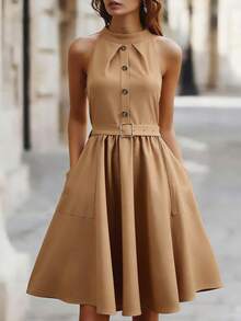 SHEIN LUNE Women's Elegant Solid Color Sleeveless Cardigan Dress - Khaki - View 1