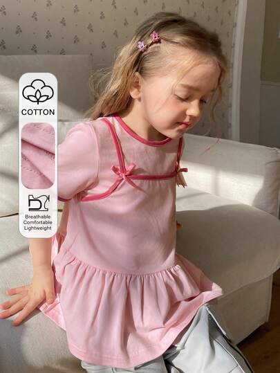 DAZY 女童可爱蝴蝶结装饰圆领短袖荷叶边下摆T恤