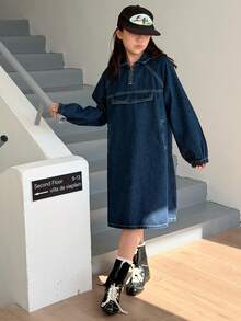 DAZY 女童牛仔领长袖连衣裙 - 藍色 - 查看 7