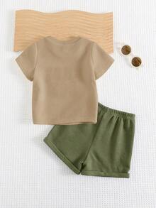 Cozy Pixies 2pcs Baby Boy Letter Pattern Knit Soft Round Neck Short Sleeve Top And Elastic Waist Shorts Set - Multicolor - View 2