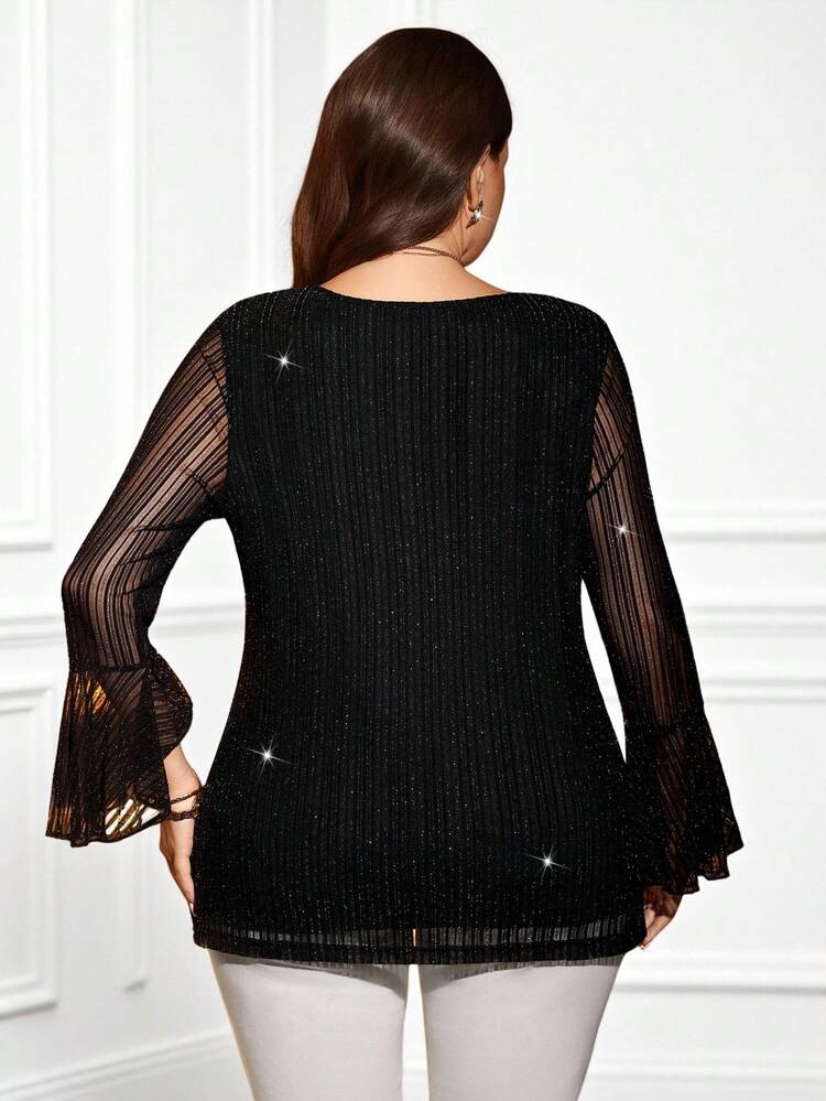 Black Plus Size Women Crew Neck Flare Sleeve Shiny Mesh Fashion Top Sequin Top New Year Clothes Elegant Blouses For Women Women Dresses     Elegant Leopard Print Dress  Black Top  Cozy Fall And ,Spring