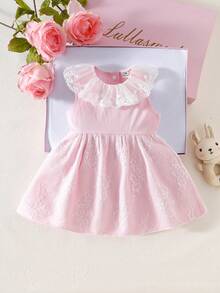 SHEIN Newborn Baby Girl Lace Collar Sleeveless Lightweight Mesh Dress, Suitable For 100-Day Celebration, Family Photos, And Attending Weddings, Spring/Summer Newborn Pink Dress Pink Ruffle Newborn Clothes Luxury Dress For Newborn Baby Girl Pink Dress - Pink - View 3