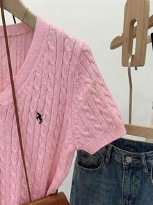 Franclia European And American Spring/Summer New V-Neck Embroidered Textured Rib Knit Design Casual Women Sweater Top - Pink - View 5