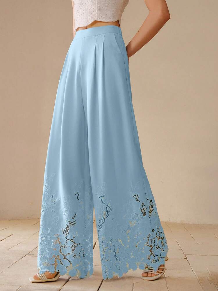 WOMEN'S BLUE EMBROIDERED ELEGANT CASUAL PANTS
