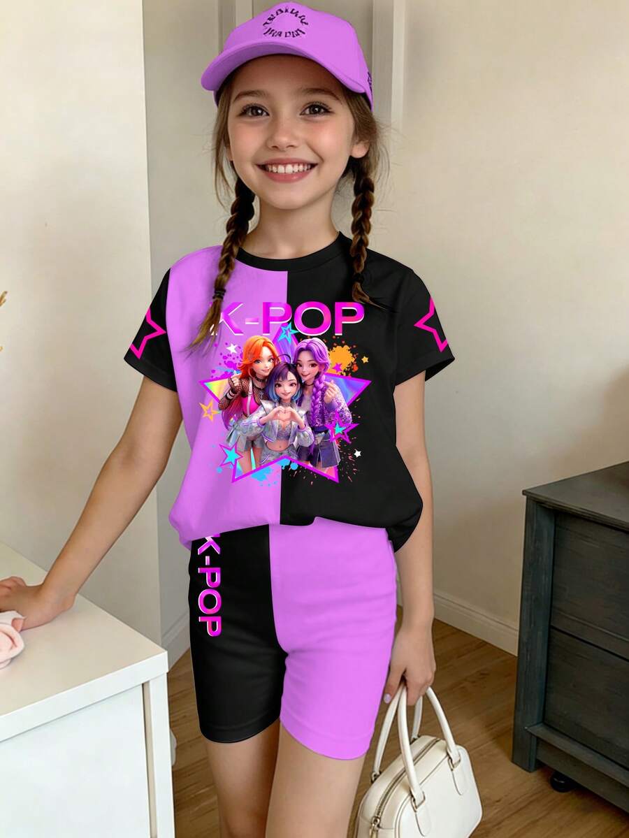 一套女童休闲紫色和黑色拼接K-POP女团五角星印花短袖T恤和短裤套装,适合日常穿着 - 彩色 - 查看 1