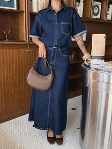 DAZY 女士休闲口袋衬衫和直筒牛仔裙两件套，夏季 - 中等水洗藍 - 查看 3