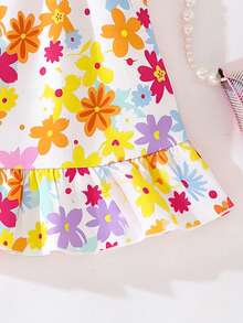 SHEIN Playful Pals 女嬰無袖洋裝，鮮豔白色花卉印花，可愛夏季度假女童套裝，可調節肩帶，活潑清新之選 - 彩色 - 查看 6