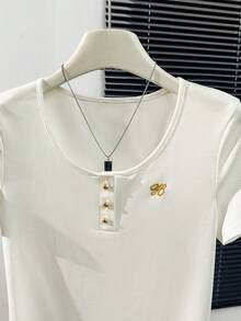 GlowEve Women's Casual Embroidered Detail Round Neck Short Sleeve T-Shirt, Summer - White - View 5