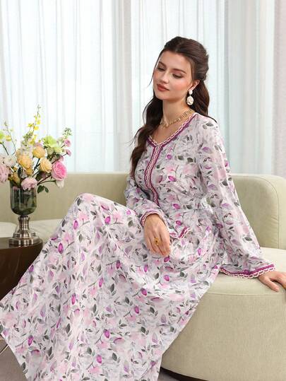 Yasmyna Floral Print Ribbon Patchwork Long Sleeve Loose Flared Elegant Robe For Women