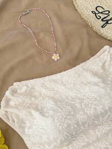 SHEIN 少女杏色针织提花修身不对称褶皱短款上衣，适合春夏穿着，休闲、优雅、日常百搭。 - 杏色 - 查看 3