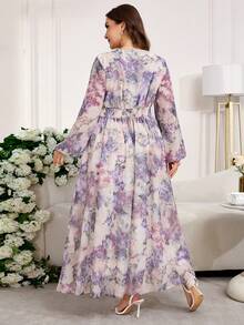 Reflora 大码优雅印花灯笼袖连衣裙 - 淡紫色 - 查看 2