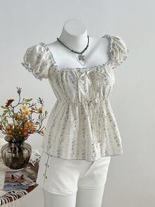 Elamini Early Spring Vacation Floral Print Contrast Trim Tie Waist Women Shirt - Multicolor - View 3