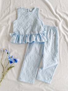 SHEIN 少女春秋季杏色活力纯色无袖露脐上衣搭配修身长裤两件套，适合外出、休闲、运动、健身和趣味派对。 - 藍色 - 查看 5