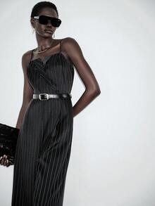 Lumivelle 女士时尚休闲前开衩及中开衩吊带无袖修身阔腿条纹连体裤，春夏款 - 黑色 - 查看 7