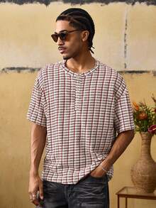 ROMWE MEN Street Life 男士休闲条纹四分之一扣短袖T恤，学院风 - 彩色 - 查看 6