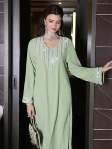 SHEIN Najma 女士宽松刺绣水钻珍珠优雅休闲睡袍 - 綠色 - 查看 5