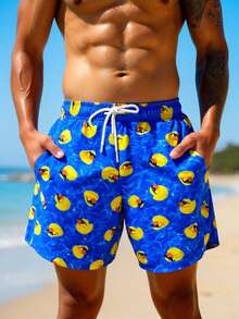Manfinity Swimmode Pantalones cortos de playa con cordón en la cintura y estampado de pato de dibujos animados para hombres - azul real - Ver 6
