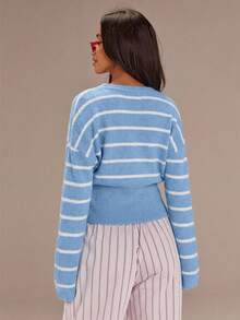 Athîral Women's Striped Drop Shoulder Long Sleeve Single-Breasted Cardigan - Baby Blue - View 2