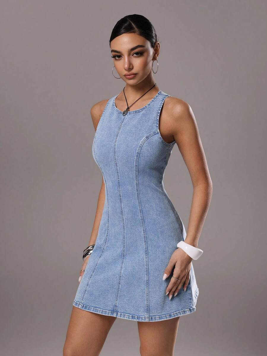 TRNVIE Women's Round Neck Sleeveless Fitted Casual Denim Dress - Blue - View 1