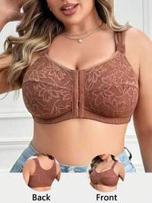 Snug Zone 1 pieza Sujetador de talla grande elegante y cómodo con cierre delantero de encaje, tirantes ajustables - Marrón - Ver 7