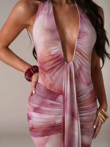 SHEIN BAE 女士扎染印花深V领飘逸吊带性感连衣裙 - 藍色 - 查看 6