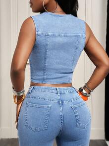 BamGleam Women's Casual Single-Breasted Denim Vest - Blue - View 2