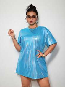 SHEIN ICON 大码 Y2K 大码偏光涂层 T 恤裙 - 藍色 - 查看 6