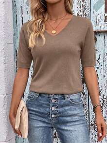 SHEIN Clasi Classic Solid Color V-Neck Short Sleeve Casual Knit Minimalist Sweater - Coffee Brown - View 4