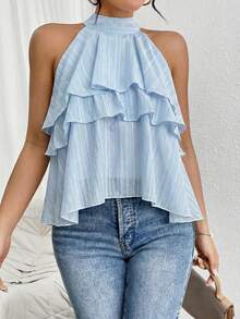 Firerie Loose Neck Ruffle Asymmetrical Chiffon Blouse - Baby Blue - View 6
