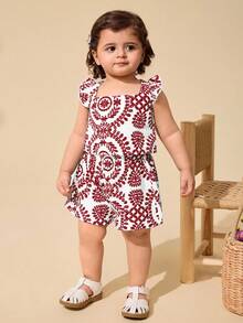 Travachic KIDS Baby Girl & Mom Matching Ditsy Floral Square Neck Ruffled Camisole And Shorts Set, 2pcs, Suitable For Vacation, Outing, Travel,Kids - Red - View 3