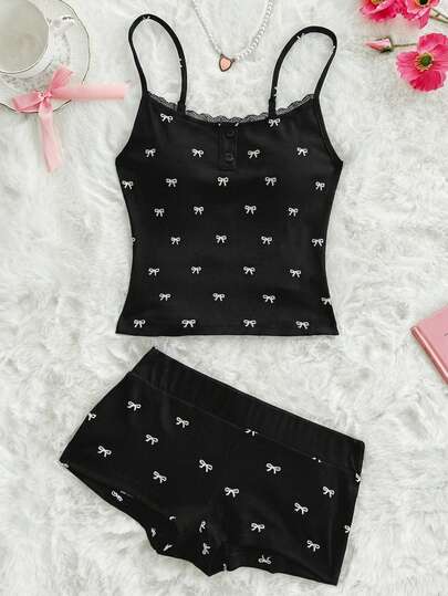 Sweetina Bow Print Camisole Crop Top & Shorts 2 Pieces Set, Casual For Teens
