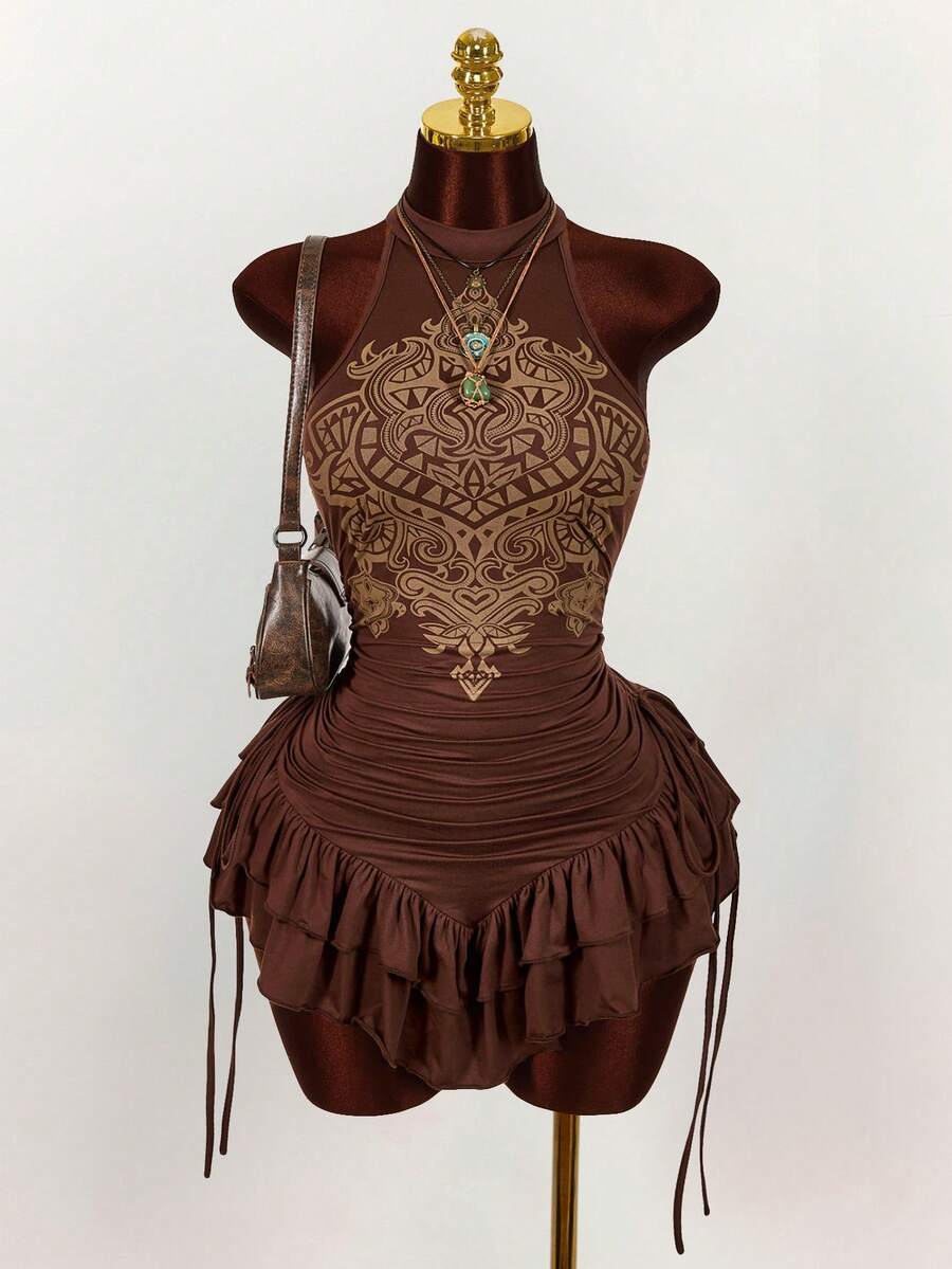 Amplova Ruffled High Neck Asymmetric Hem Cinched Waist Mini Dress - Brown - View 1