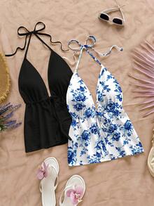 Soleia 2pcs/Set Women Casual Backless Tie Strap Halter Top Set, Floral Print, Suitable For Vacation, Beach - Multicolor - View 6