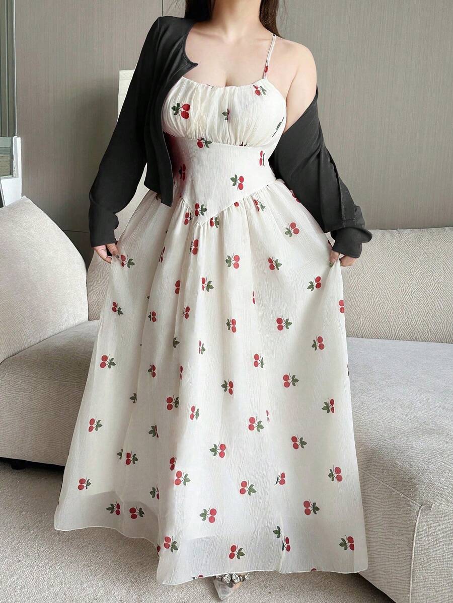 Vibekara Bộ 2 món gồm áo khoác cardigan dệt kim tay dài cỡ lớn và váy chữ A không tay in họa tiết xếp ly, phối nhiều mảnh vải. - Nhiều màu - Xem 1