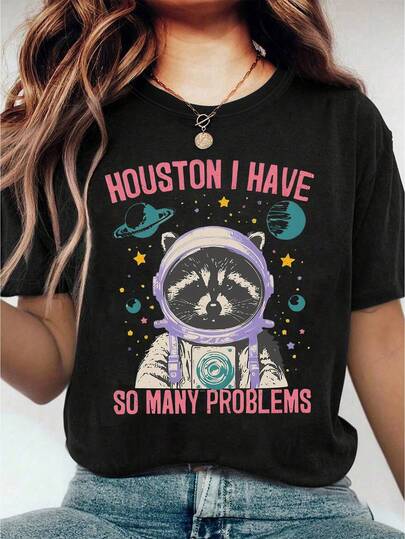EMERY ROSE Raccoon T-Shirt - Funny Vintage Raccoon Tee - Raccoon Astronaut T-Shirt - Retro Pattern Shirt - Raccoon Print T-Shirt For Women Graphic Tees Women Tops