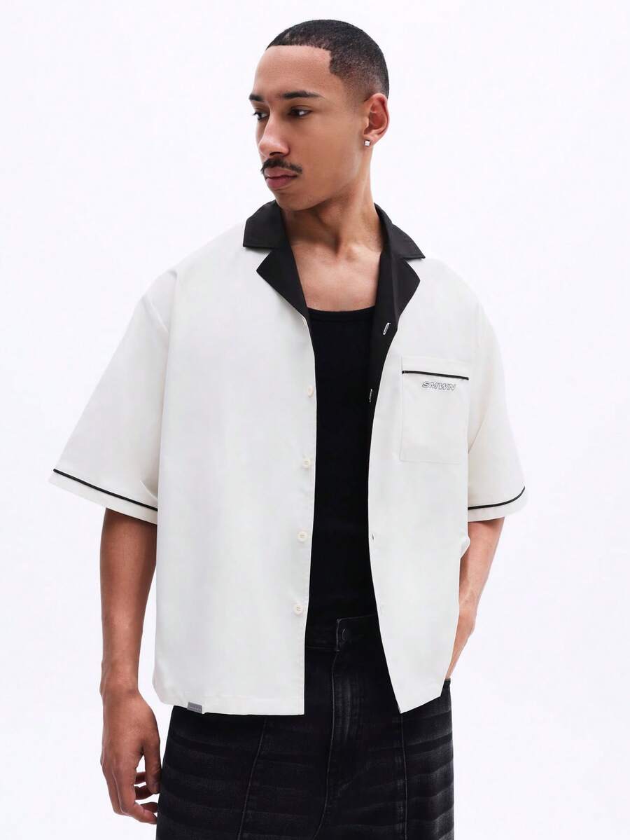 SUMWON Camisa de manga corta con botones, cuello de contraste y bolsillo en el pecho, corte recto, para hombre, de uso casual en primavera y verano - Blanco y Negro - Ver 1