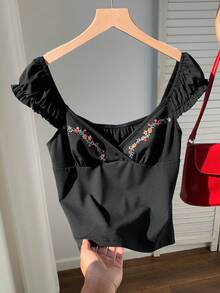 Comfortcana 女士休闲花卉刺绣修身T恤，夏季 - 黑色 - 查看 7