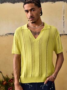 ROMWE MEN Men's Turndown Collar Short Sleeve Casual Loose Knit Jacquard Top - Yellow - View 4