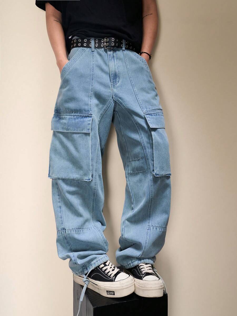 Manfinity Roghcode New Casual Light-Colored Straight Leg Wide Leg Jeans - Blue - View 1
