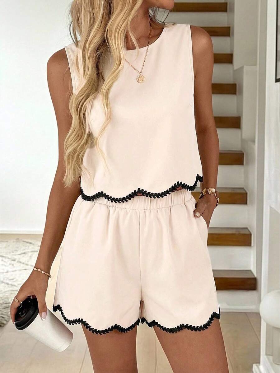 Easowa Damen Lässig einfarbiges Rüschenbesatz besticktes Blumen-Ärmelloses Top und Shorts 2-Teiliges Set, geeignet für Sommerurlaub und Alltagstragen - Khaki - Übersicht 1