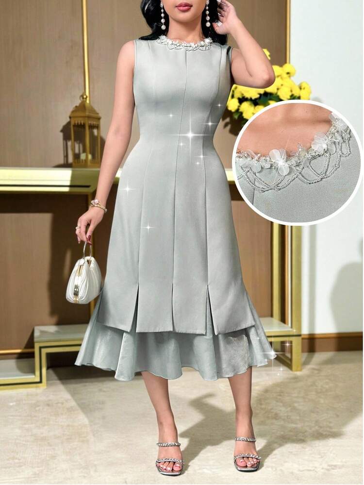 Feyla فستان أنيق متوسط الطول بياقة مستديرة بدون أكمام مزين بالخرز باللون الأحادي للنساء - أخضر نعناع - مشاهدة 7