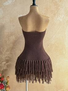Soleia Spring/Summer New Casual Vacation Western Beach Wedding Guest Attire Graduation Brunch Dress, St. Patrick's Day Spring Break Easter Music Festival Elegant Boho Tropical Glamorous Metallic Sequin Fringe Starfish Decor Strapless Backless Knit Dress, Brown - Brown - View 2