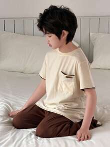 DAZY Bộ áo thun và quần dài thoải mái thường ngày cho bé trai tuổi thiếu niên, thích hợp mặc ở nhà. - Màu be - Xem 7