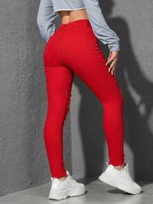 Flexra Casual Solid Color Distressed Slim Fit Denim Jeans - Red - View 2