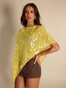 SHEIN BAE Áo khoác ngoài thời trang nữ, vạt bất đối xứng, đính sequin, màu vàng, thích hợp cho mùa hè, kỳ nghỉ xuân, ngày Valentine, đi biển, sinh nhật, đi chơi, áo sequin, thanh lịch, mùa hè, kỳ nghỉ xuân, ngày Valentine, lễ hội, đi biển, kỳ nghỉ, kỳ nghỉ hè, sequin vàng, áo vàng, đồ đi biển mới mùa hè 2026, tiệc bãi biển. - Màu vàng - Xem 4