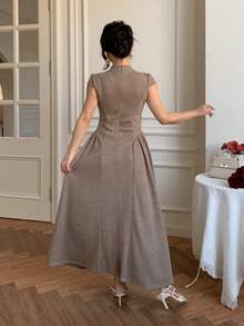 DAZY Women's Solid Color Stand Collar Cap Sleeve Ribbed Midi Dress Summer Sundress - Khaki - View 2