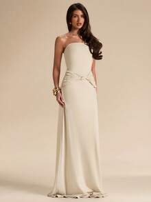 SHEIN BAE 杏色无袖修身针织长裙，简约优雅连衣裙，夏季休闲连衣裙 - 杏色 - 查看 5