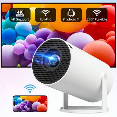 Teckwe Máy chiếu mini tích hợp WiFi và Wi-Fi 5.4, hỗ trợ độ phân giải 4K 1080P, màn hình xoay 270°, tự động chỉnh méo hình, thích hợp sử dụng trong nhà, cắm trại - Phích cắm EU.